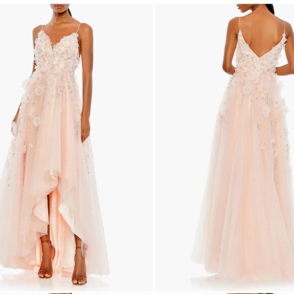 MAC DUGGAL 11292 BEADED FLORAL APPLIQUE HIGH LOW PETAL PINK GOWN sz 10 - Picture 1 of 5